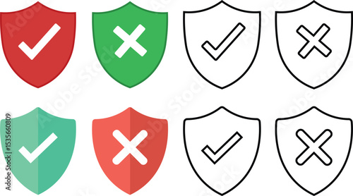 Set of shields with check marks and x symbols representing approval and rejection decisions