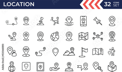 Vector line icon set of location and navigation icon. Map pointing or various location symbols icon collection