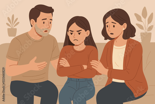 Caring parents comforting upset teenage daughter in living room. Family support, communication, empathy, mental health, parenting challenges, emotional support concept. Flat vector illustration