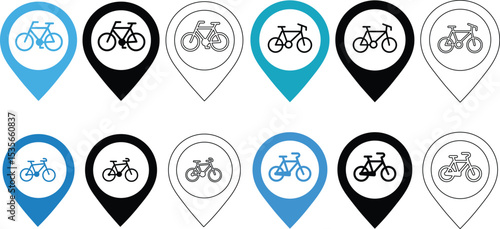 Bicycle location icons in various colors and styles representing bike paths and services