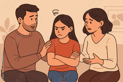 Caring parents comforting upset teenage daughter at home. Family support, adolescent mental health, communication, empathy, emotional support, problem solving, parent child relationship concept