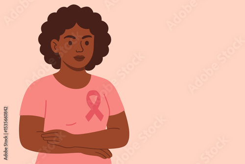 Breast Cancer Awareness African American Woman Pink Ribbon Support Hope Prevention Campaign Illustration. Health Education, Solidarity, Survivor Empowerment, Charity, Medical Advocacy Concept