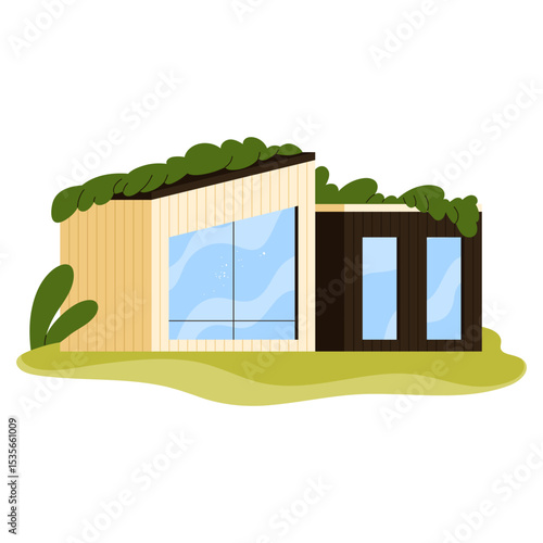 Modern modular eco-house with green roof, wood paneling, and panoramic windows. Tiny house, sustainable architecture concept. Flat vector illustration in clean cartoon style.