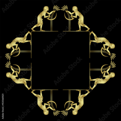 Geometrical square frame with ethnic ancient Egyptian harvest motifs. Men reaping cereal grass with a sickles. Golden glossy silhouette on black background.