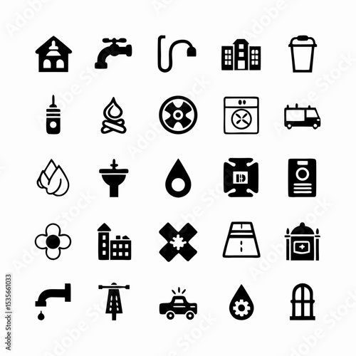 Create a set of diverse, modern icons representing essential public services and utilities.  Include water, electricity, gas, and waste management symbols.