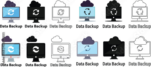 Various data backup icons illustrating cloud computing synchronization and information storage solutions