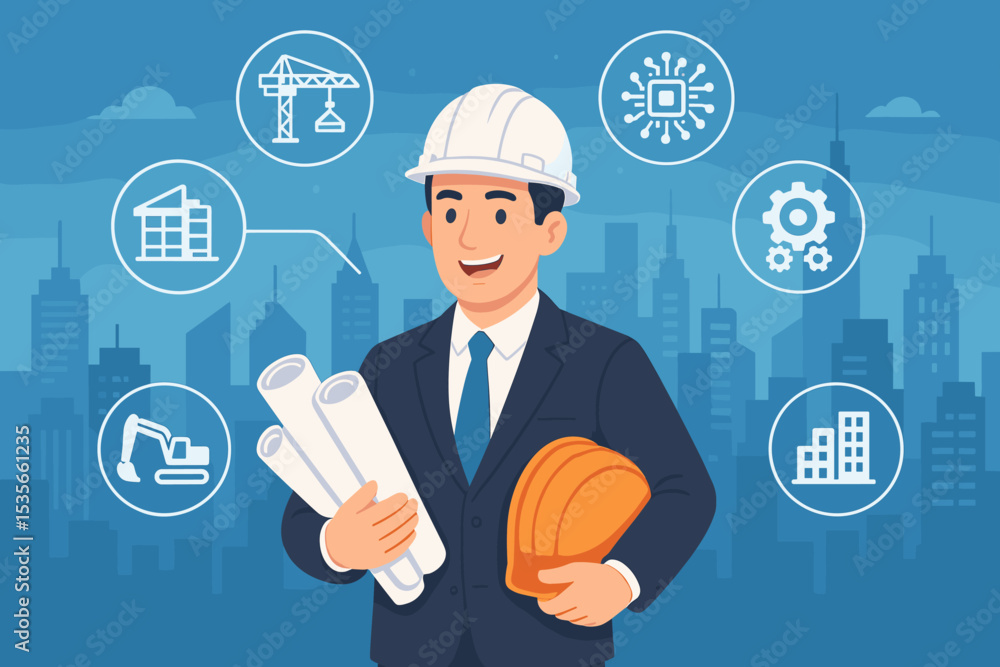 Engineer holding blueprints for a smart city project. Concept of construction management, architecture, and urban planning with technology and infrastructure icons. Modern city design. Engineer holding blueprints for a smart city project. Concept of construction management, architecture, and urban planning with technology and infrastructure icons. Modern city design.
