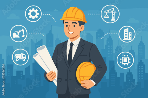 Smart city construction concept with an engineer holding a blueprint. Urban development, building project, and technology icons. Civil engineering and architecture vector illustration.