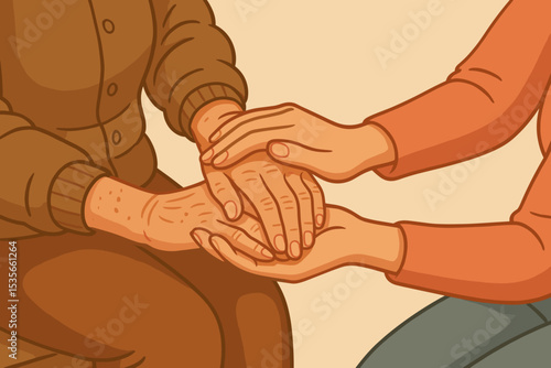 Caring hands holding senior's hands. Concept of support, empathy, and elderly care. Young person comforting an old relative. Intergenerational connection and compassion.