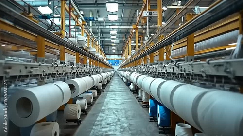 Industrial Textile Factory: Rows of Spinning Machines and Yarn