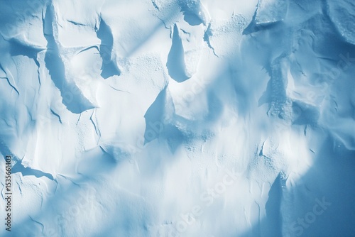 Aerial view of snowy mountain terrain with dramatic shadows and textures