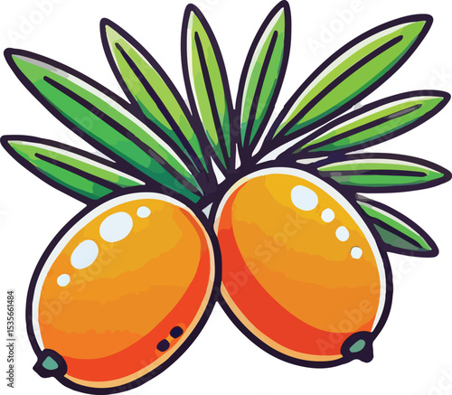 Stylized illustration of sea buckthorn berries with green leaves isolated on white background