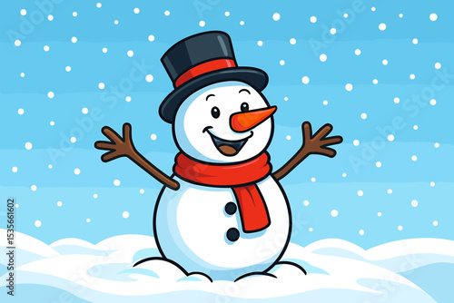 Happy cartoon snowman character smiling in a winter snow landscape. Cheerful Christmas mascot with top hat and red scarf in snowfall. Vector illustration for holiday greeting.