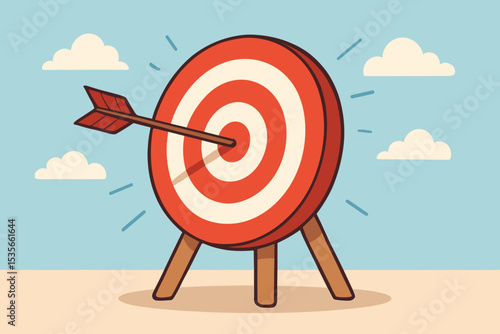 Bullseye achievement concept. Arrow hitting the center of a target. Business goal, success, and strategy metaphor. Marketing objective, focus, and precision flat vector illustration.
