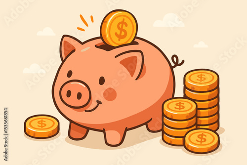Piggy bank saving money concept with gold dollar coins. Vector illustration for finance, investment, and wealth accumulation. Financial planning for retirement, budget, and profit.