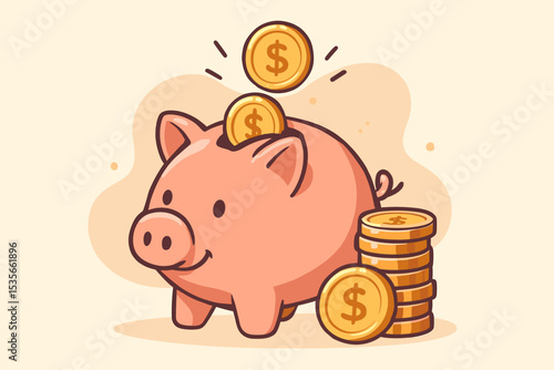 Piggy bank saving money concept. Vector illustration of a cute cartoon pig with gold dollar coins. Financial investment, wealth management, budget, and economy symbol for business.
