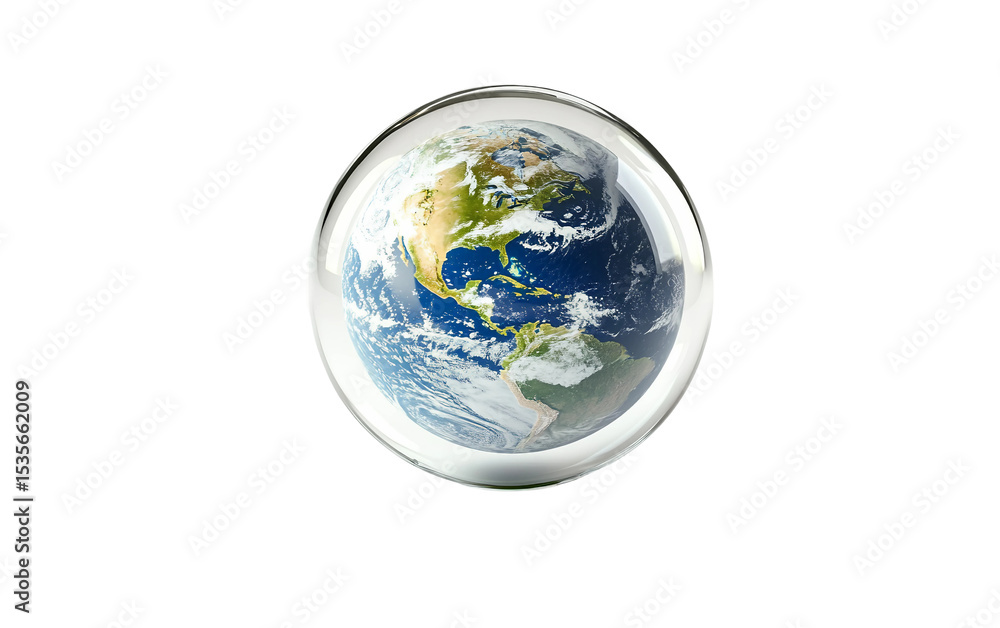 Fototapeta premium A surreal scene featuring a miniature Earth globe contained inside a transparent structure symbolizing imagination isolated on transparent background PNG