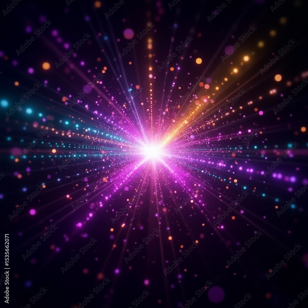 Fototapeta premium Centralized burst of neon particles, high-energy light bursts suitable for digital products