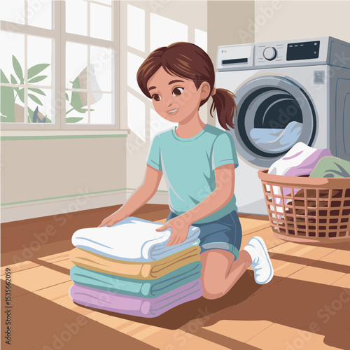 Happy girl folding clean laundry after washing machine cycle finished kid fun home room cute neat tidy child house white