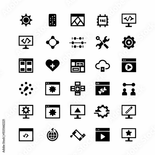 Design a vibrant icon pack for software development, including coding, debugging, testing, and deployment icons.  Modern, minimalist style preferred.