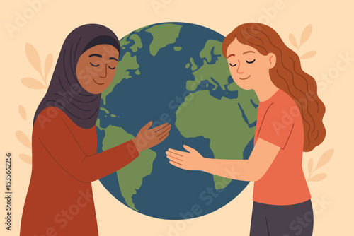 Diverse women embrace planet Earth. Multicultural friends, a Muslim and a Caucasian, united for peace and environmental care. Global unity, ecology, and sisterhood concept vector.