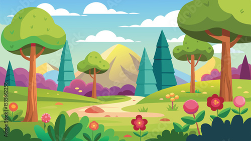 Cartoon Landscape Scene Winding Path Through Trees, Mountains, and Flowers in Daytime