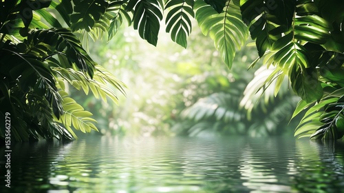 Lush Tropical Jungle with Still Water Reflection and Sunlight