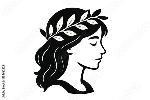 Woman profile silhouette with laurel wreath. Greek goddess of nature or Roman empress icon. Concept for beauty, spa, wellness, logo. Elegant female face with leaf crown vector.