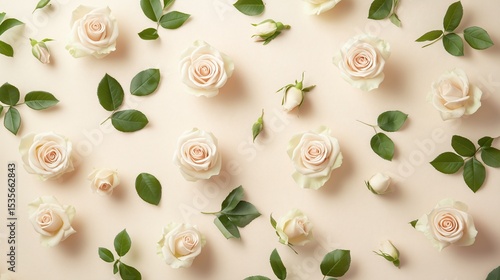 Soft Beige Roses and Green Leaves Flat Lay on Pastel Background