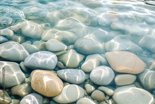 Sunlight Reflections on Smooth River Stones Under Clear Water background