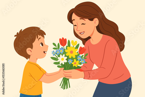 Happy Mother's Day. Cute little son giving a beautiful bouquet of flowers to his loving mom. Family holiday celebration. Child showing love and gratitude. Cartoon vector illustration.