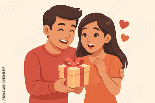 Man surprises his girlfriend with a gift on Valentine's Day. Happy couple celebrating their anniversary or birthday. Romantic vector illustration of a boyfriend giving a present.