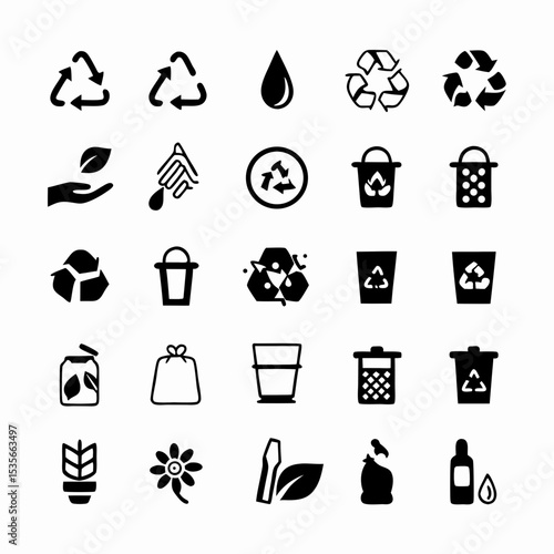 Design a set of vibrant, minimalist icons representing zero waste and plastic-free living.  Include reusable bags, compost bins, recycling symbols, and upcycled items.
