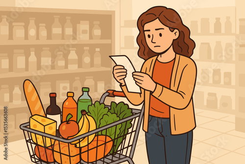 Woman shocked by long grocery receipt at supermarket. Concept of inflation, rising food prices, high cost of living, and family budget. Stressed consumer checking expenses.