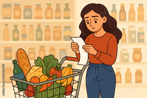 Worried woman looking at a long grocery bill in a supermarket. Concept of inflation, rising food prices, and financial stress. Consumer shocked by expensive receipt with a full cart.