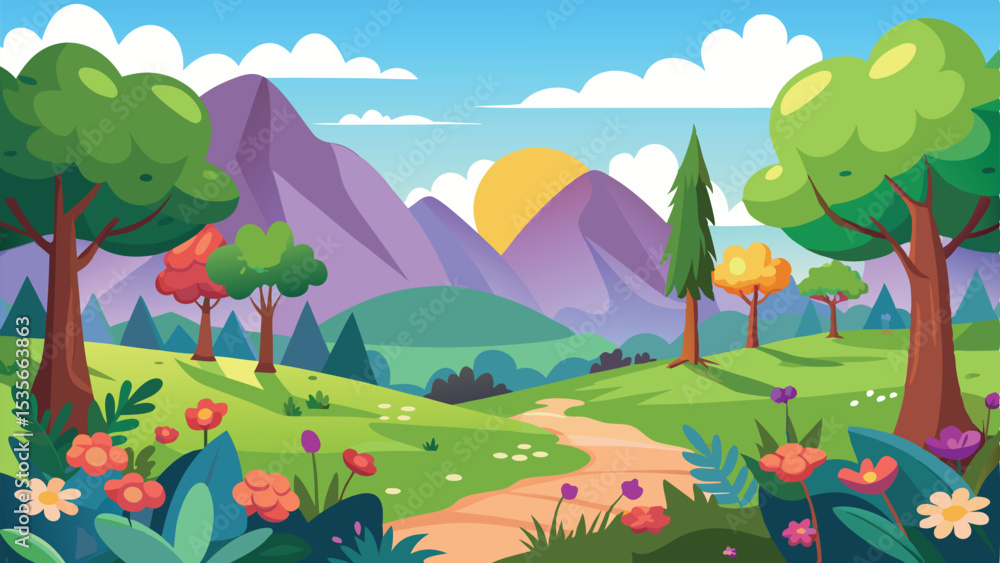 Obraz premium Colorful Cartoon Landscape with Forest, Mountains, Sun, Flowers, Path, and Rolling Hills