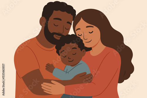 Tender family embrace illustration. Multicultural parents, black father and mother, holding their loving child. Concept of diversity, togetherness, adoption, and modern family love.