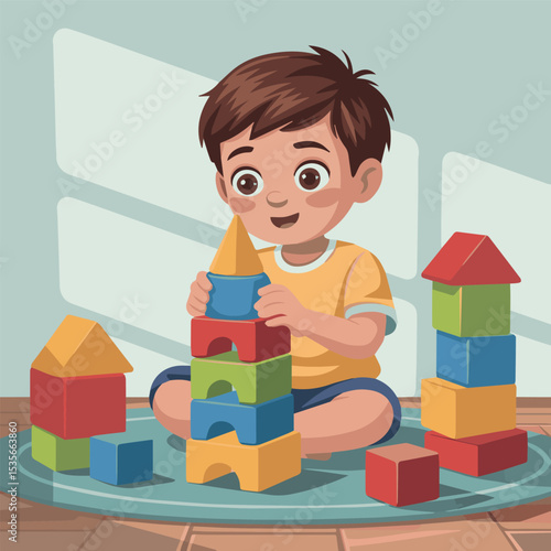 Happy little boy playing with colorful building blocks toys in his room kid fun game cute home child tower indoor vector