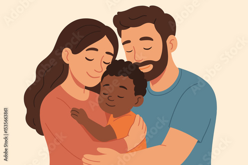 Multicultural family with an adopted black son in a tender hug. Happy interracial parents embracing their child. Concept of love, diversity, adoption, care, and togetherness.