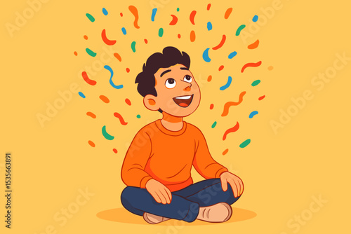Happy boy sits under confetti, a metaphor for inspiration, ideas, and creativity. Child's joyful mind, positive thinking, wonder, and imagination. Vector concept for success, learning.