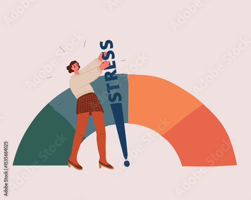 Cartoon vector illustration of a woman pulling the stress level gauge backward, symbolizing stress relief, emotional control, and mental health management