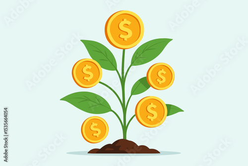 Money tree vector illustration. Plant with golden dollar coins growing from soil. Concept of financial growth, investment, savings, profit, and wealth. Business success and revenue.