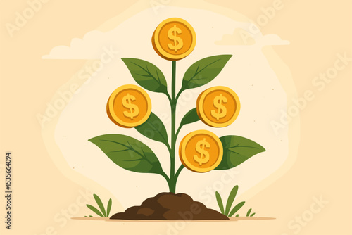 Concept of financial growth with a money tree plant growing golden dollar coins. Business investment, profit, and savings. Metaphor for income, wealth, and return on investment.