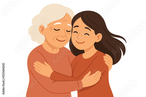 Happy elderly mother and adult daughter hugging. Loving family relationship concept. Grandmother and granddaughter embrace with tenderness and care. Two generations of women support.