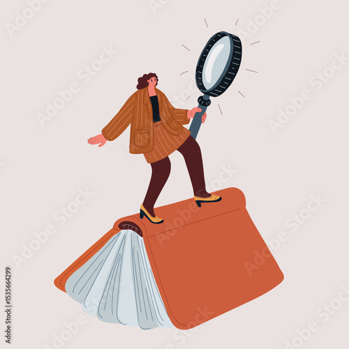 Cartoon vector illustration of a woman flying on a book with a magnifying glass, symbolizing knowledge, discovery, and imagination
