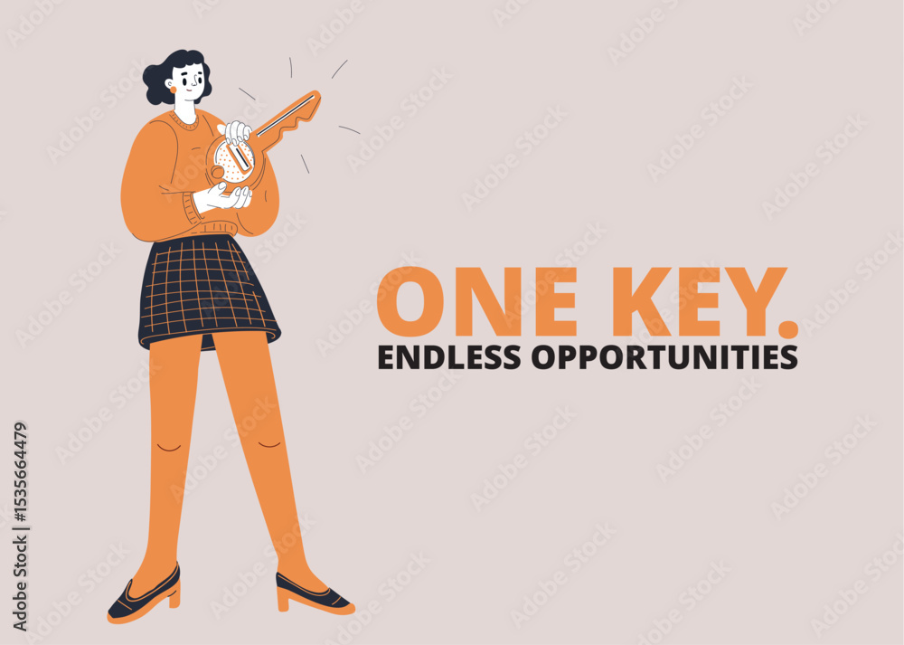 Cartoon vector illustration of a woman holding a large key in her hands, symbolizing opportunity, access, and success Cartoon vector illustration of a woman holding a large key in her hands, symbolizing opportunity, access, and success