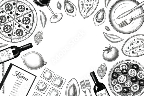 Elegant Hand-Drawn Dinner Elements Frame with Copy Space