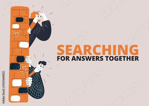 Cartoon vector illustration of two people spying from either side of a wall with empty speech bubble, symbolizing secrecy and curiosity