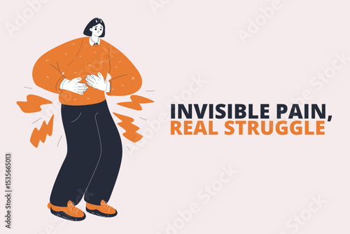 Cartoon vector illustration of a woman holding her stomach in pain, symbolizing discomfort and illness