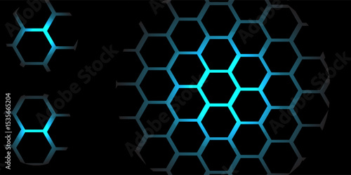 Dark hexagon abstract technology background with blue and green colored bright flashes under hexagon. Hexagonal gaming vector tech illustration black abstract background. modern